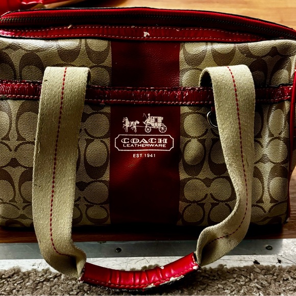 Coach Heritage Stripe Satchel Red leather accents Lot of wear Restoration bag - Picture 4 of 14